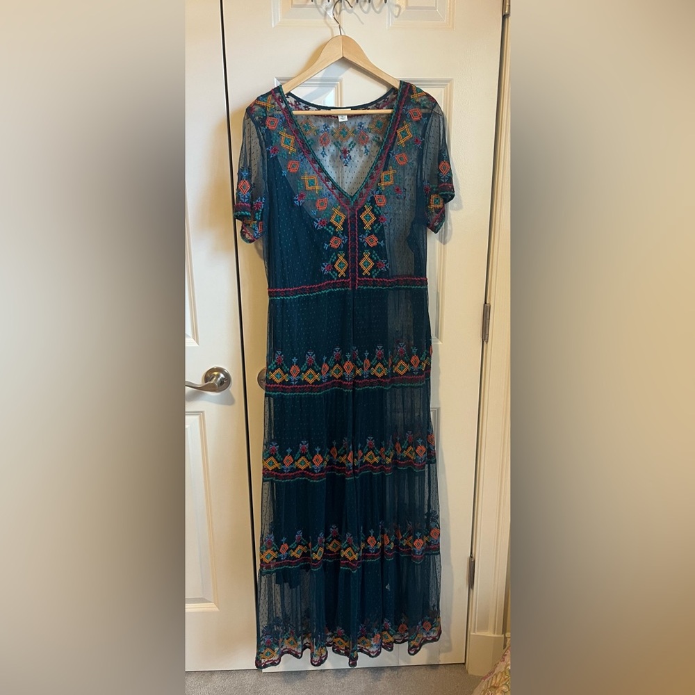 Sundance Turquoise Maxi Dress with Multicolor Embroidery and Slip